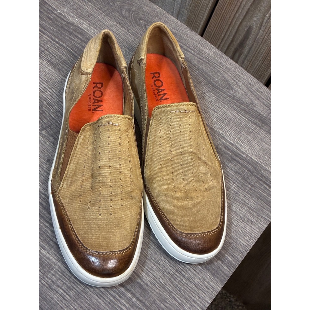 Roan by Bed Stu Mens Tan Brown Canvas Leather Slip On Sneakers Size 9